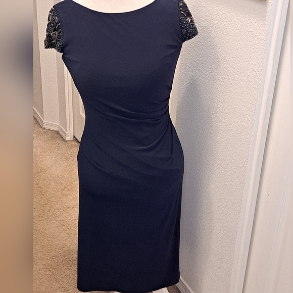 Eliza J. Navy Blue Beaded Shoulders With Ruched Side Midi Dress  Size 6 - Picture 1 of 7